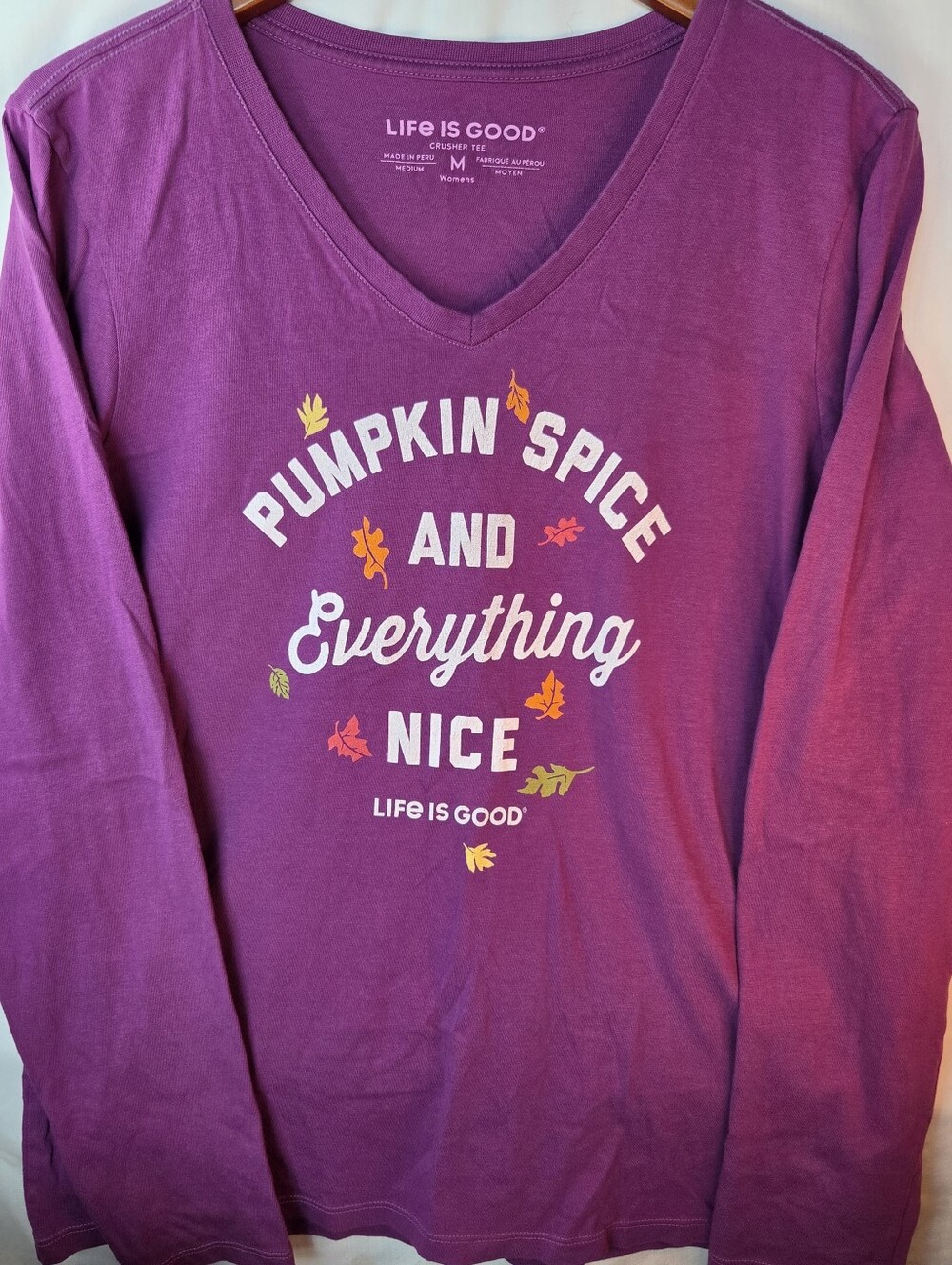 Life is Good Womens Crusher Tee Sz M Purple Long Sleeve Pumpkin Spice Fall Vibes